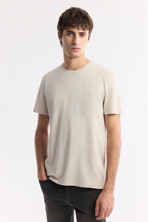 Bej Soft Touch Bisiklet Yaka Düz Modal T-Shirt