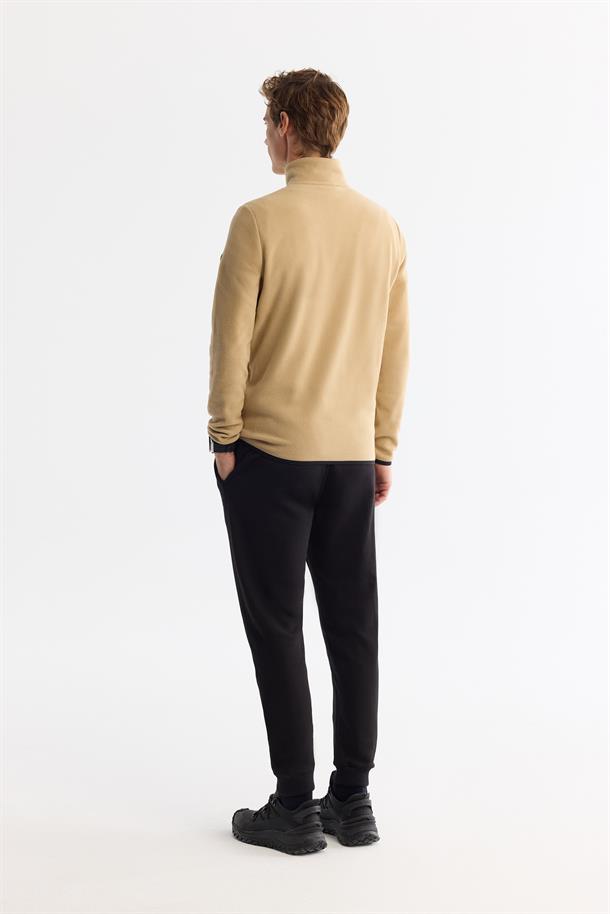 Bej Soğuğa Dayanıklı Yarım Fermuarlı Dik Yaka Polar Sweatshirt