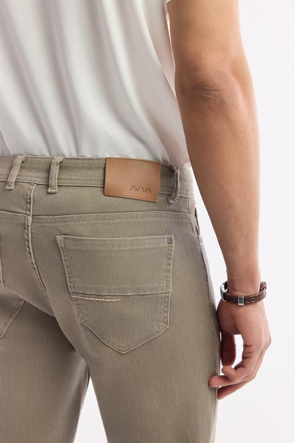 Bej Taş Yıkamalı Örme Slim Fit Denim Pantolon