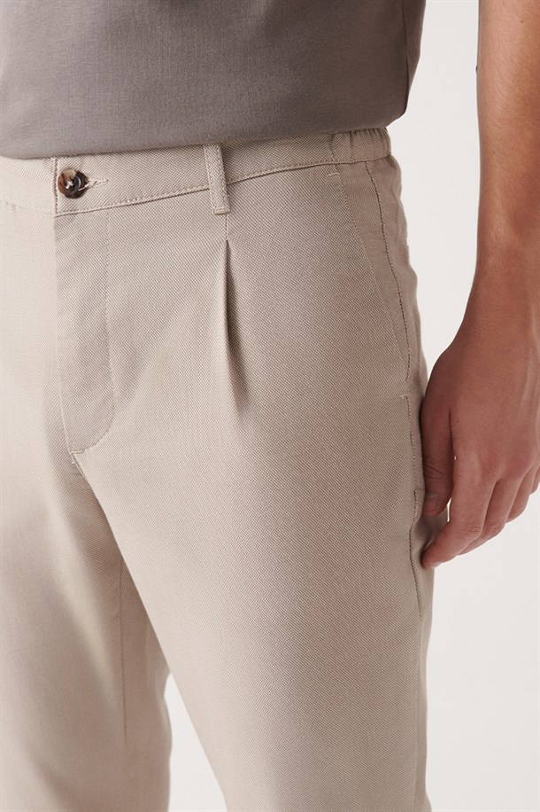 Bej Yandan Cepli Comfort Slim Fit Pantolon