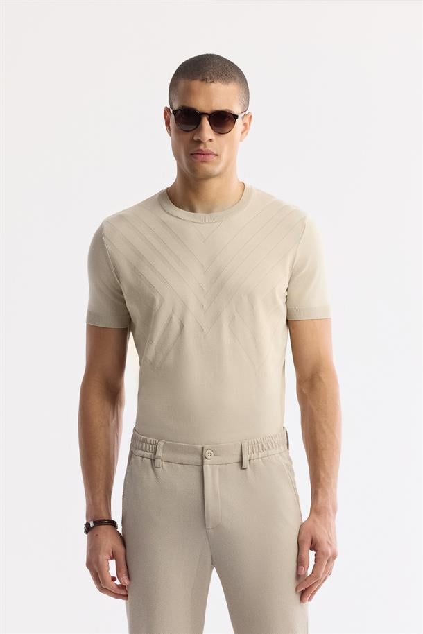 Bej Yanı Lastikli Gofreli Nora Slim Fit Chino Pantolon