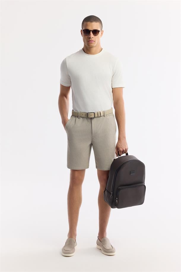 Bej Yanı Lastikli Gofreli Olympos Relaxed Fit Chino Şort