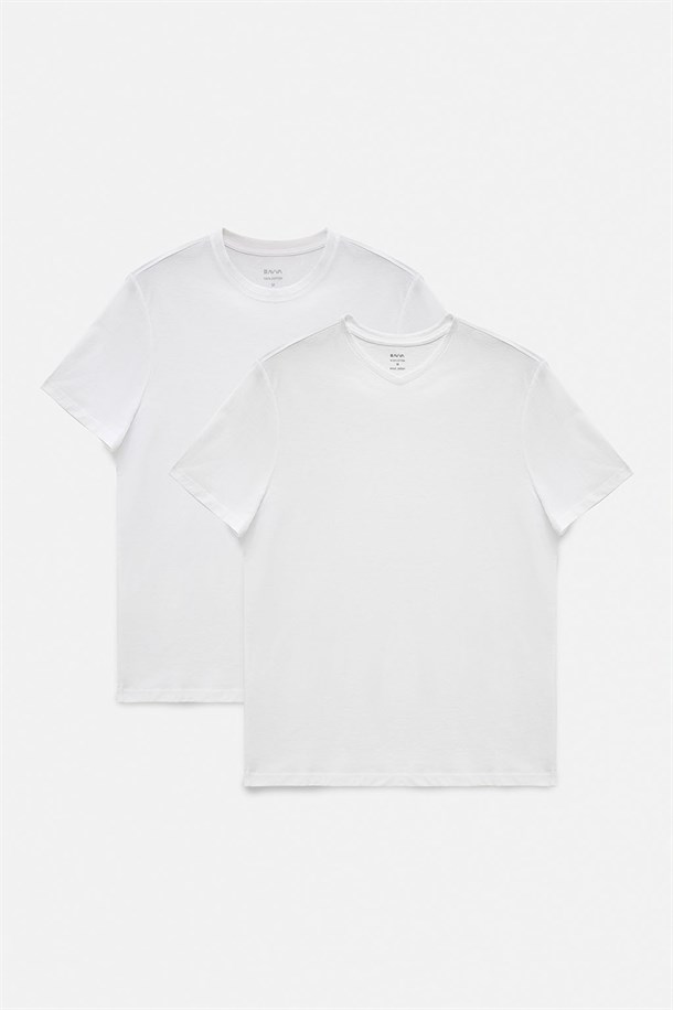 Beyaz 2'li Bisiklet Yaka Düz T-Shirt