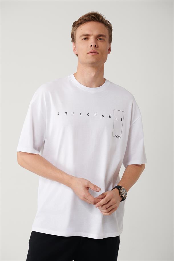 Beyaz Baskılı Bisiklet Yaka Oversize T-shirt