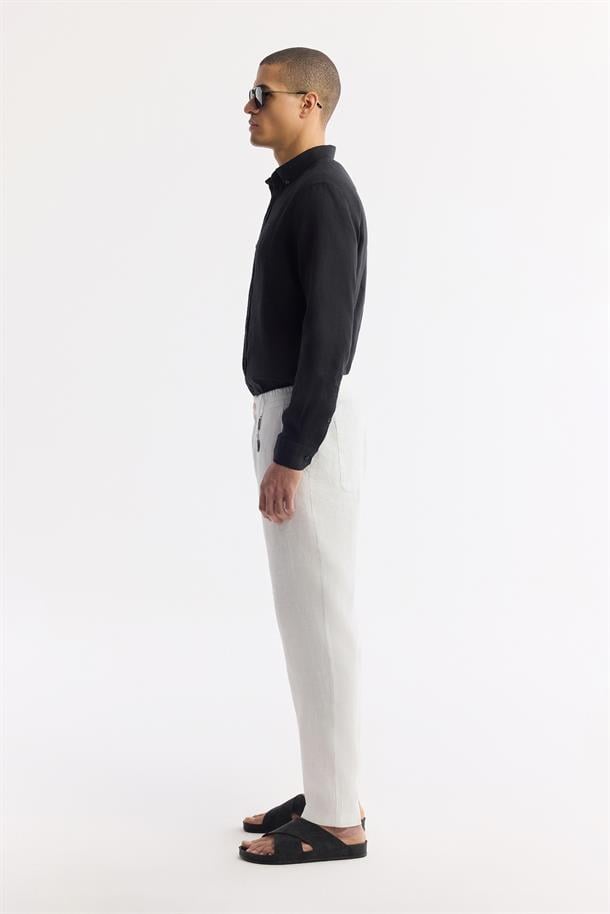 Beyaz Beli Lastikli %100 Keten Issos Relaxed Fit Pantolon