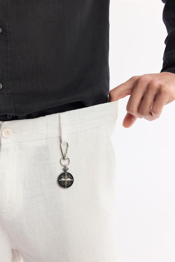 Beyaz Beli Lastikli %100 Keten Issos Relaxed Fit Pantolon