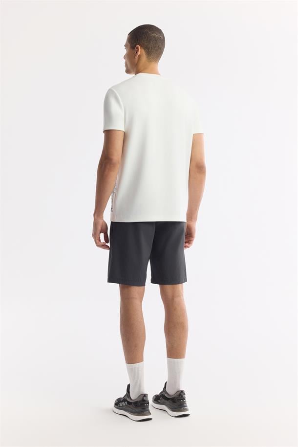 Beyaz Bisiklet Yaka Baskılı Bi Stretch İnterlok T-Shirt
