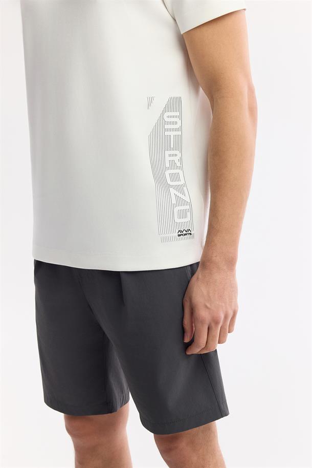 Beyaz Bisiklet Yaka Baskılı Bi Stretch İnterlok T-Shirt