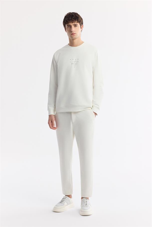 Beyaz Bisiklet Yaka Baskılı İnterlok Sweatshirt