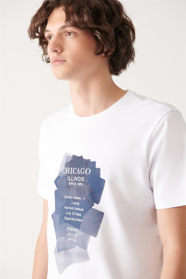 Beyaz Bisiklet Yaka Baskılı  Oversize T-Shirt