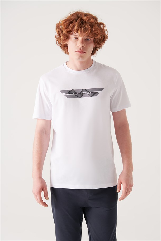 Beyaz Bisiklet Yaka Baskılı T-shirt
