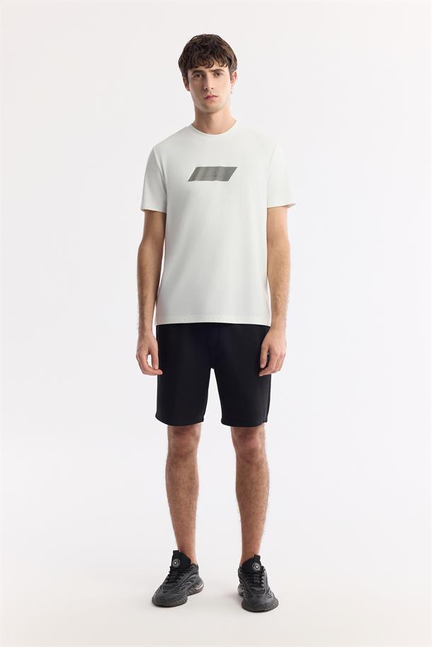 Beyaz Bisiklet Yaka Hareketli Hologram Baskılı Shoft Touch T-Shirt
