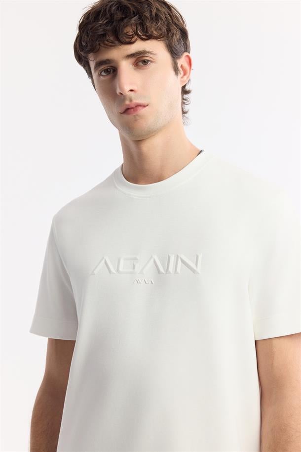 Beyaz Bisiklet Yaka Hologram Baskılı İnterlok T-Shirt