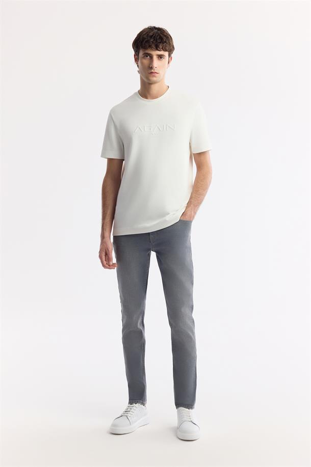 Beyaz Bisiklet Yaka Hologram Baskılı İnterlok T-Shirt