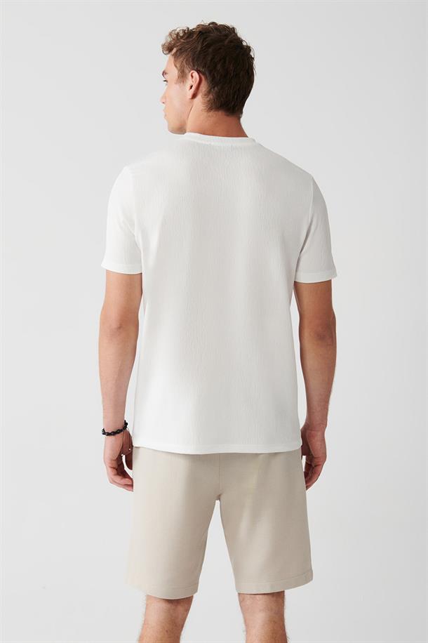 Beyaz Boyuna Melanj Desenli Bisiklet Yaka T-Shirt