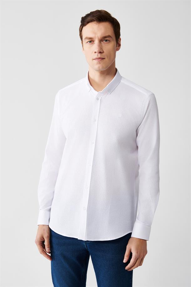 Beyaz Düğmeli Yaka Seersucker Pamuklu Comfort Fit Gömlek