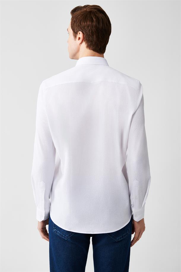 Beyaz Düğmeli Yaka Seersucker Pamuklu Comfort Fit Gömlek