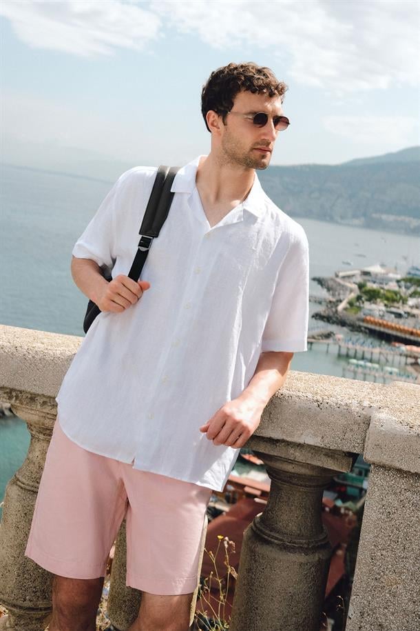Beyaz Gömlek Apaj Yaka %100 Keten Kısa Kol Oversize Fit 