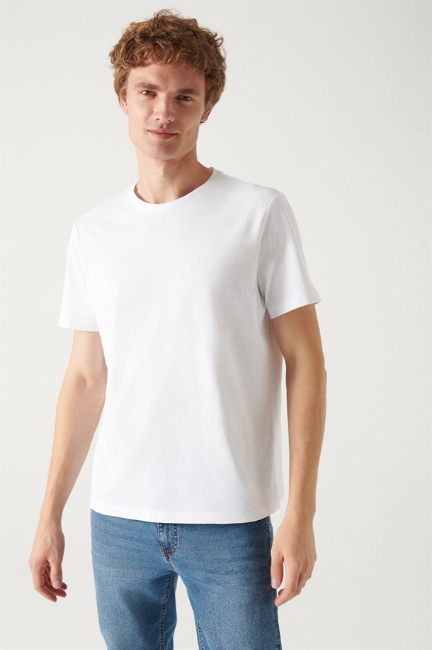 Beyaz-Haki-Turuncu 3'lü Bisiklet Yaka %100 Pamuk Basic T-Shirt