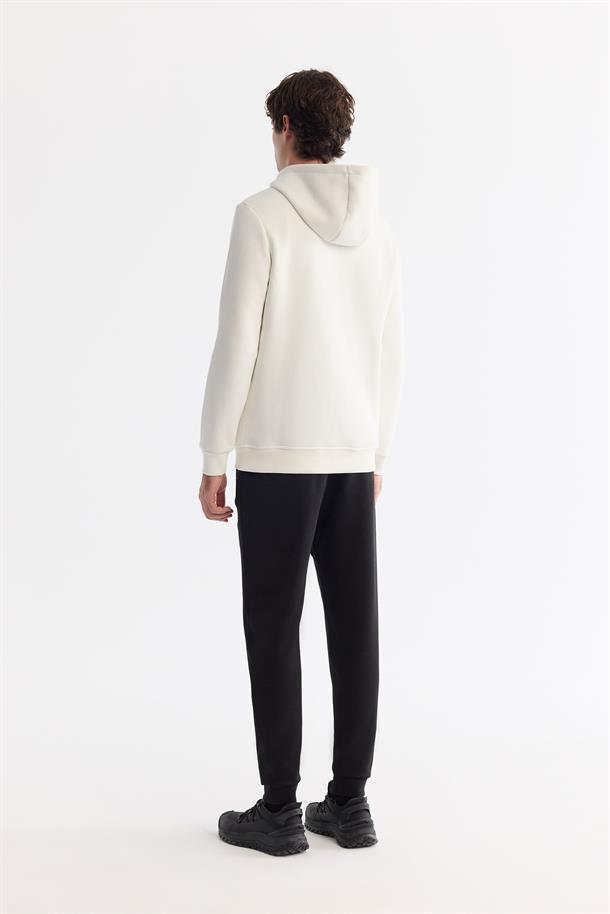 Beyaz Kapüşonlu Yaka Şardonlu 3 İplik Fermuarlı  Sweatshirt