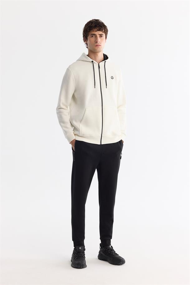 Beyaz Kapüşonlu Yaka Şardonlu 3 İplik Fermuarlı  Sweatshirt