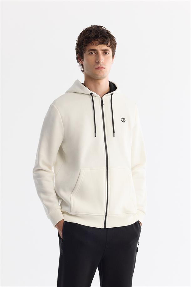 Beyaz Kapüşonlu Yaka Şardonlu 3 İplik Fermuarlı Sweatshirt