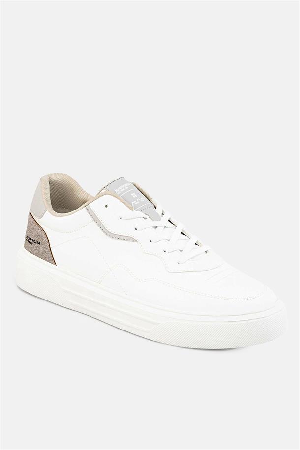 Beyaz Parçalı Süet Deri Detaylı Esnek Taban Sneaker Ayakkabı
