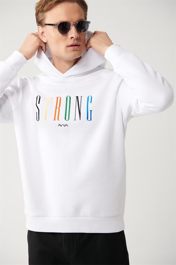 Beyaz Şardonlu Kumaş Kapüşonlu Yaka Nakışlı Sweatshirt