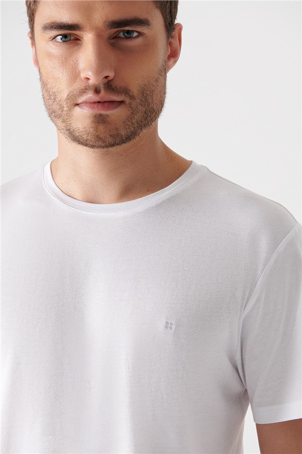 Beyaz Ultrasoft Bisiklet Yaka Düz Modal T-Shirt