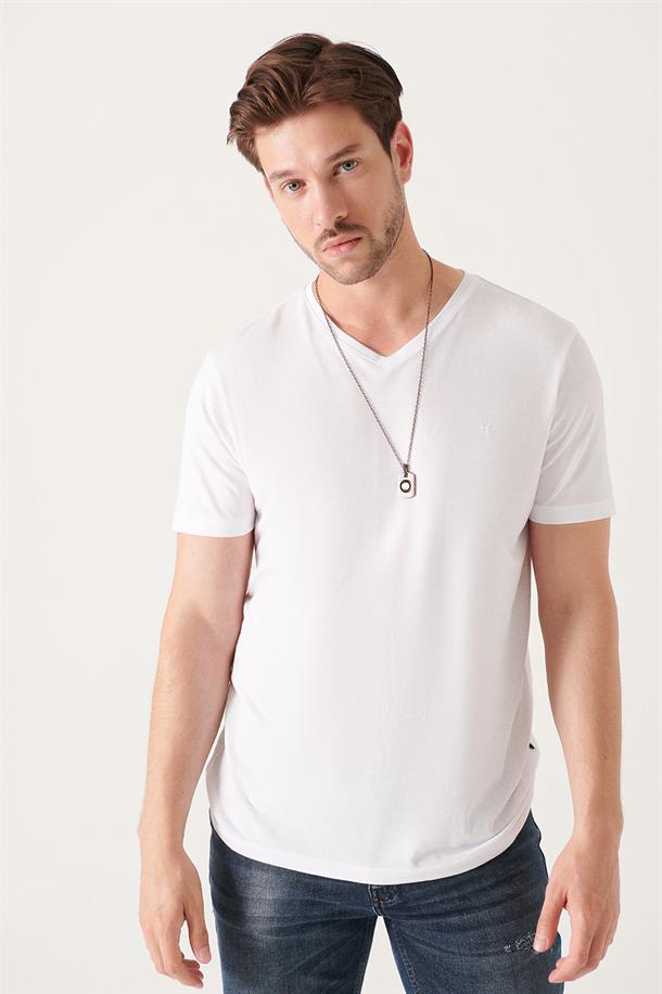 Beyaz Ultrasoft V Yaka Düz Modal T-Shirt