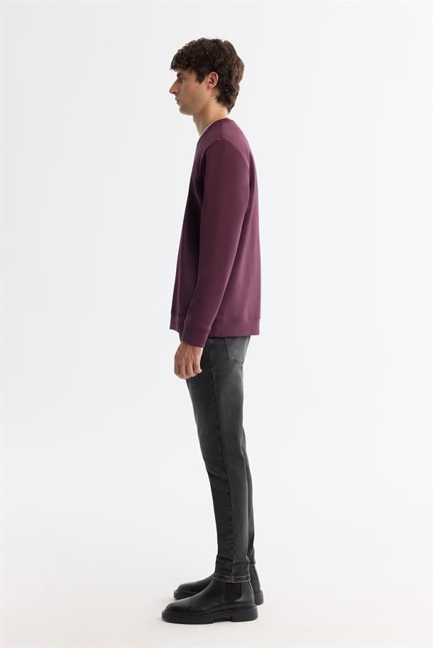 Bordo Bisiklet Yaka Pamuklu Baskılı Sweatshirt