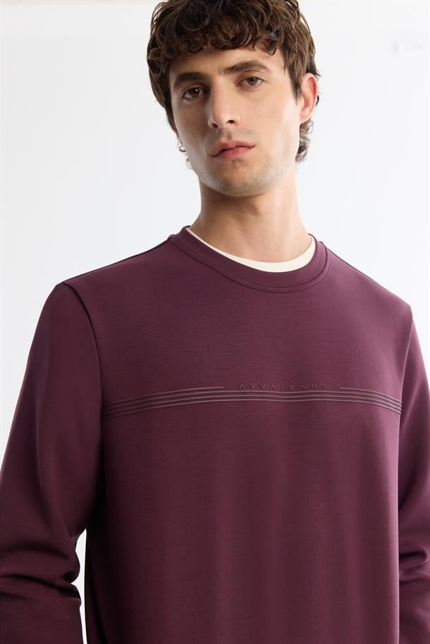 Bordo Bisiklet Yaka Pamuklu Baskılı Sweatshirt