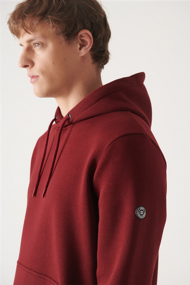 Bordo Kapüşonlu Yaka 3 İplik Şardonlu Arkası Baskılı Sweatshirt