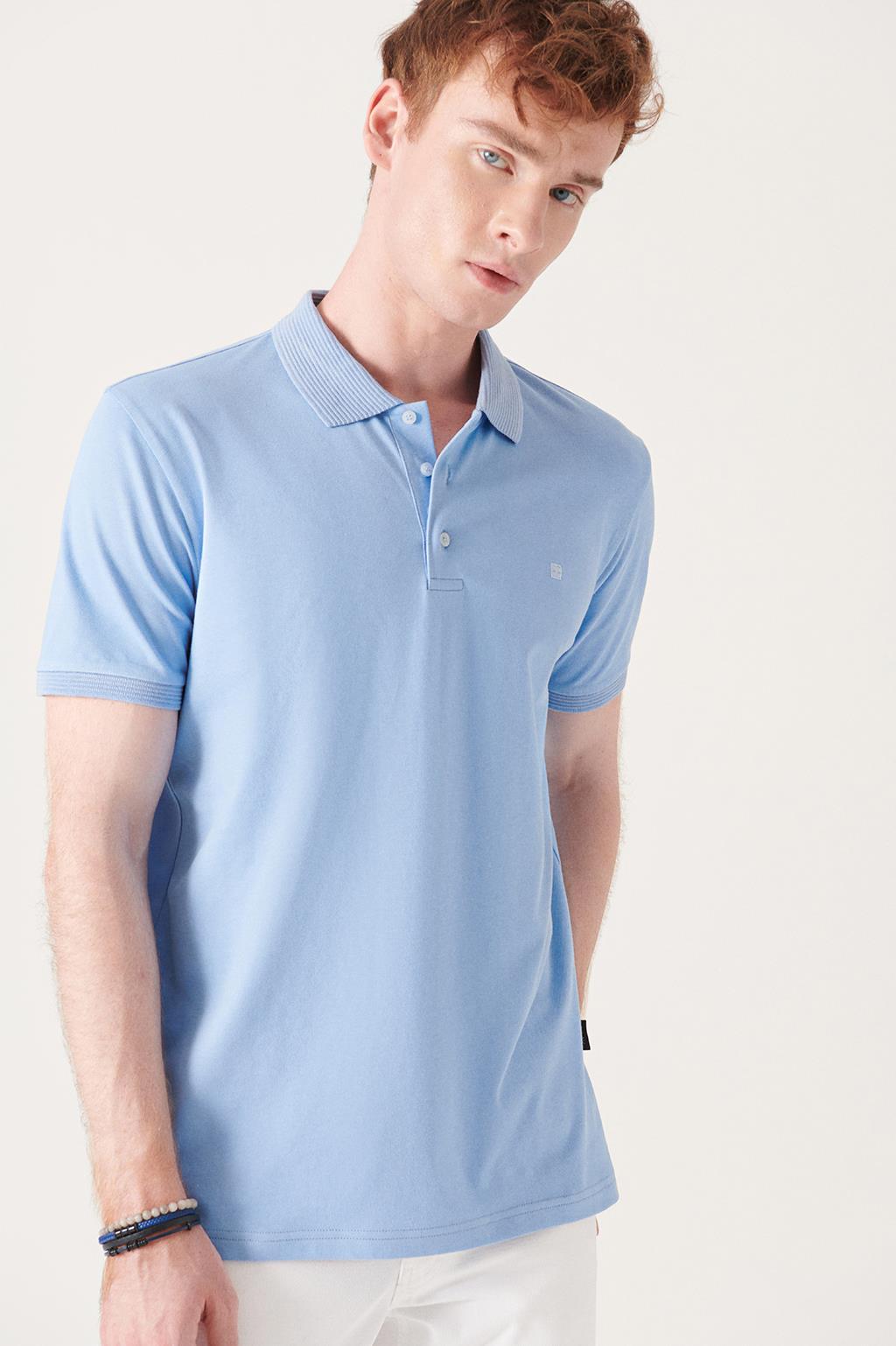 Açık Mavi Polo Yaka Basic Slim Fit Dar Kesim T-Shirt