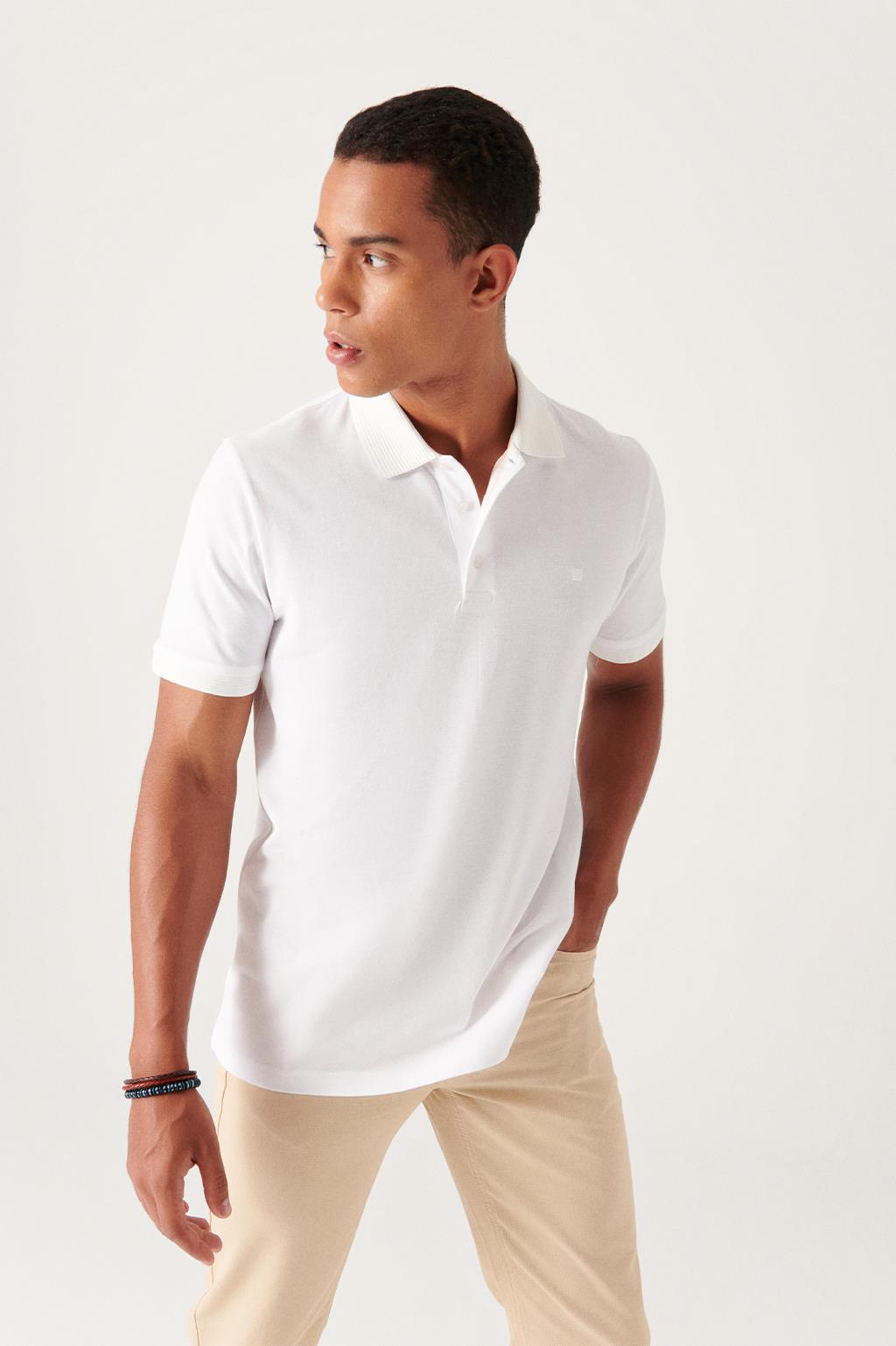 Beyaz Polo Yaka Basic Slim Fit Dar Kesim T-Shirt