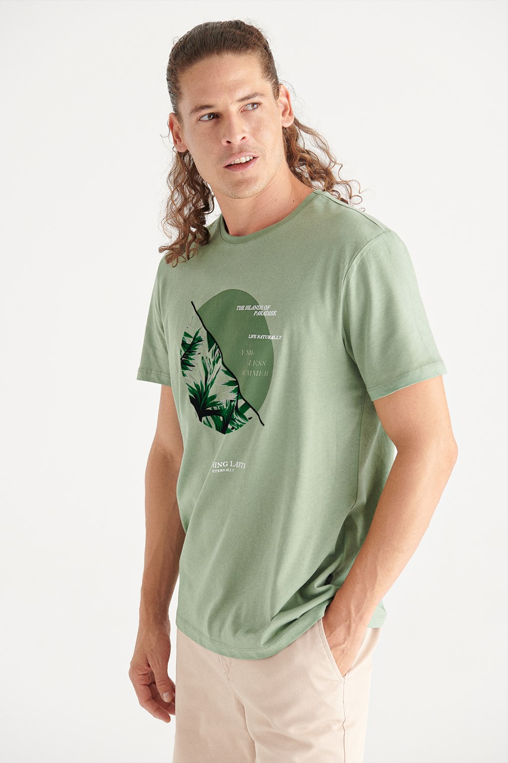 Nil Yeşili Bisiklet Yaka Baskılı Slim Fit T-Shirt