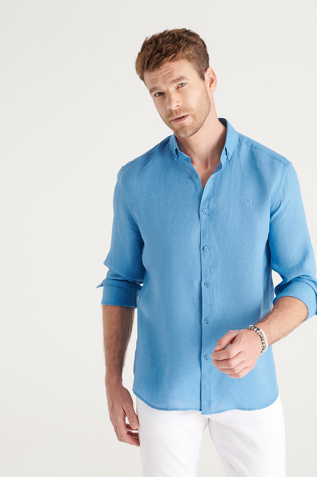 Mavi Basic Düğmeli Yaka Comfort Fit Keten Gömlek