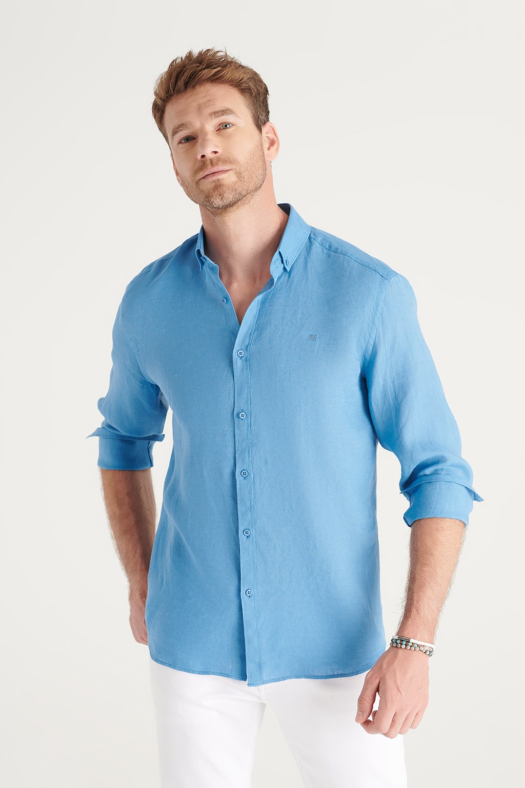 Mavi Basic Düğmeli Yaka Comfort Fit Keten Gömlek