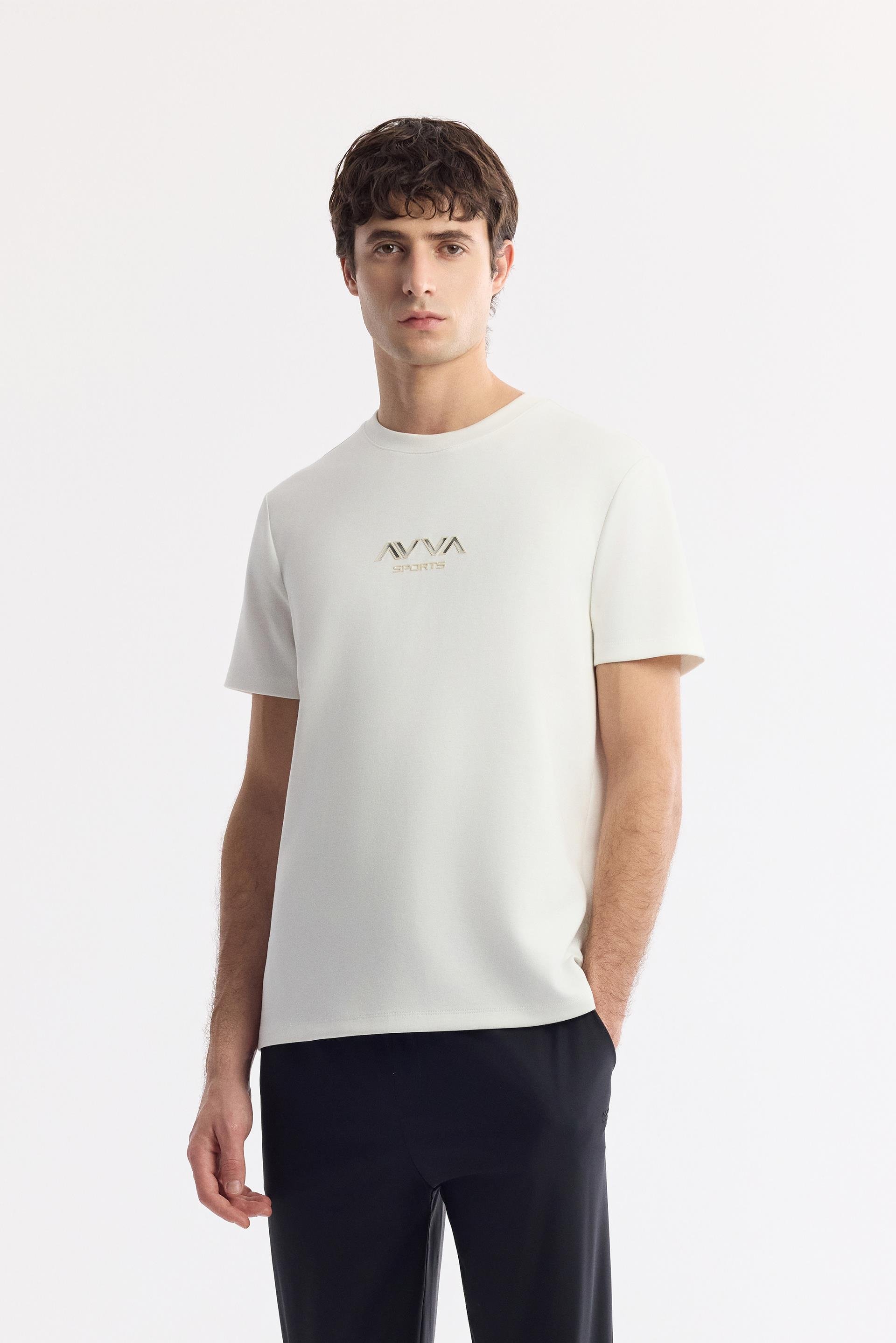 Ekru Bisiklet Yaka Hologram Baskılı İnterlok T-Shirt