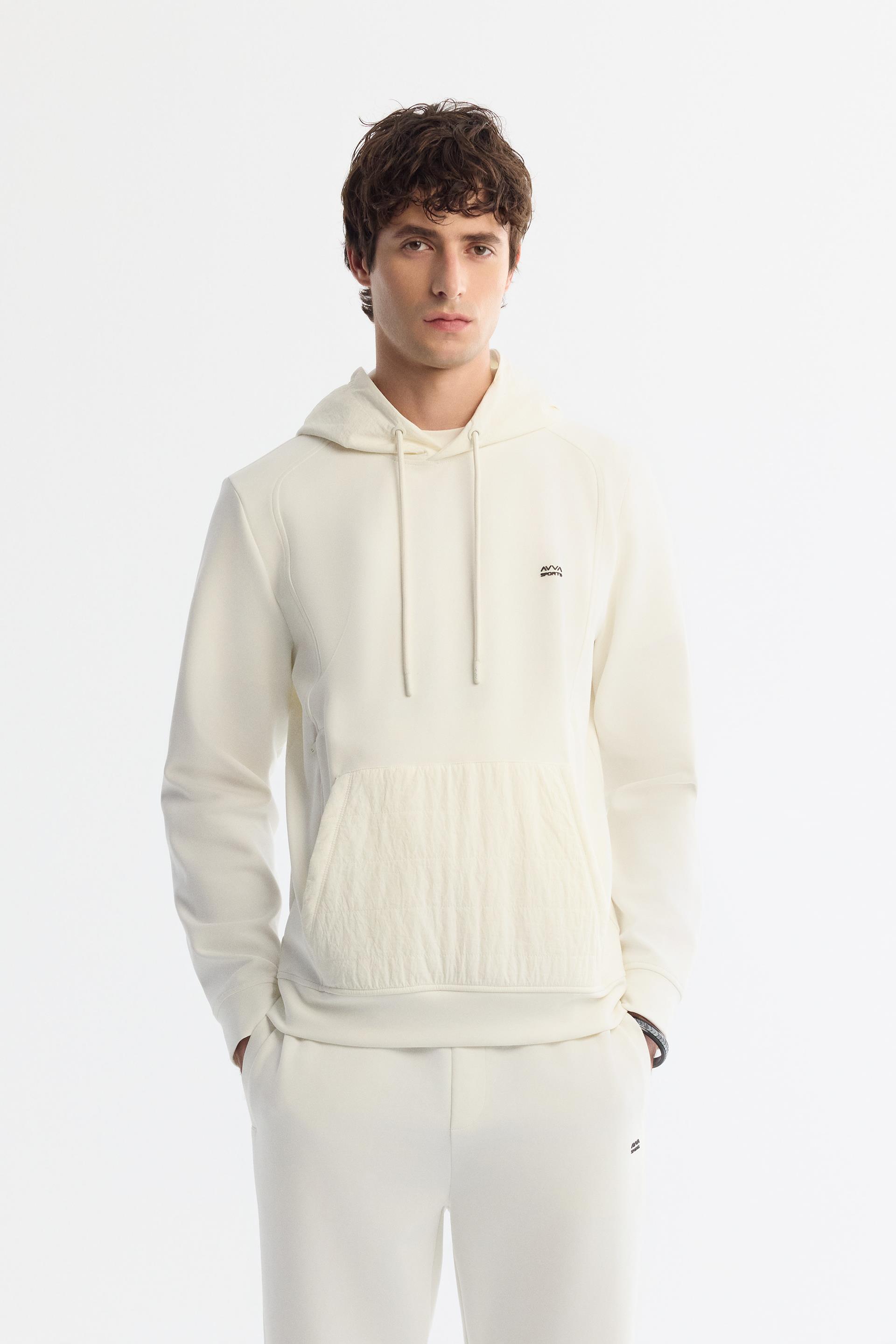 Ekru Kapüşonlu Pamuklu Baskılı Elastan Sweatshirt