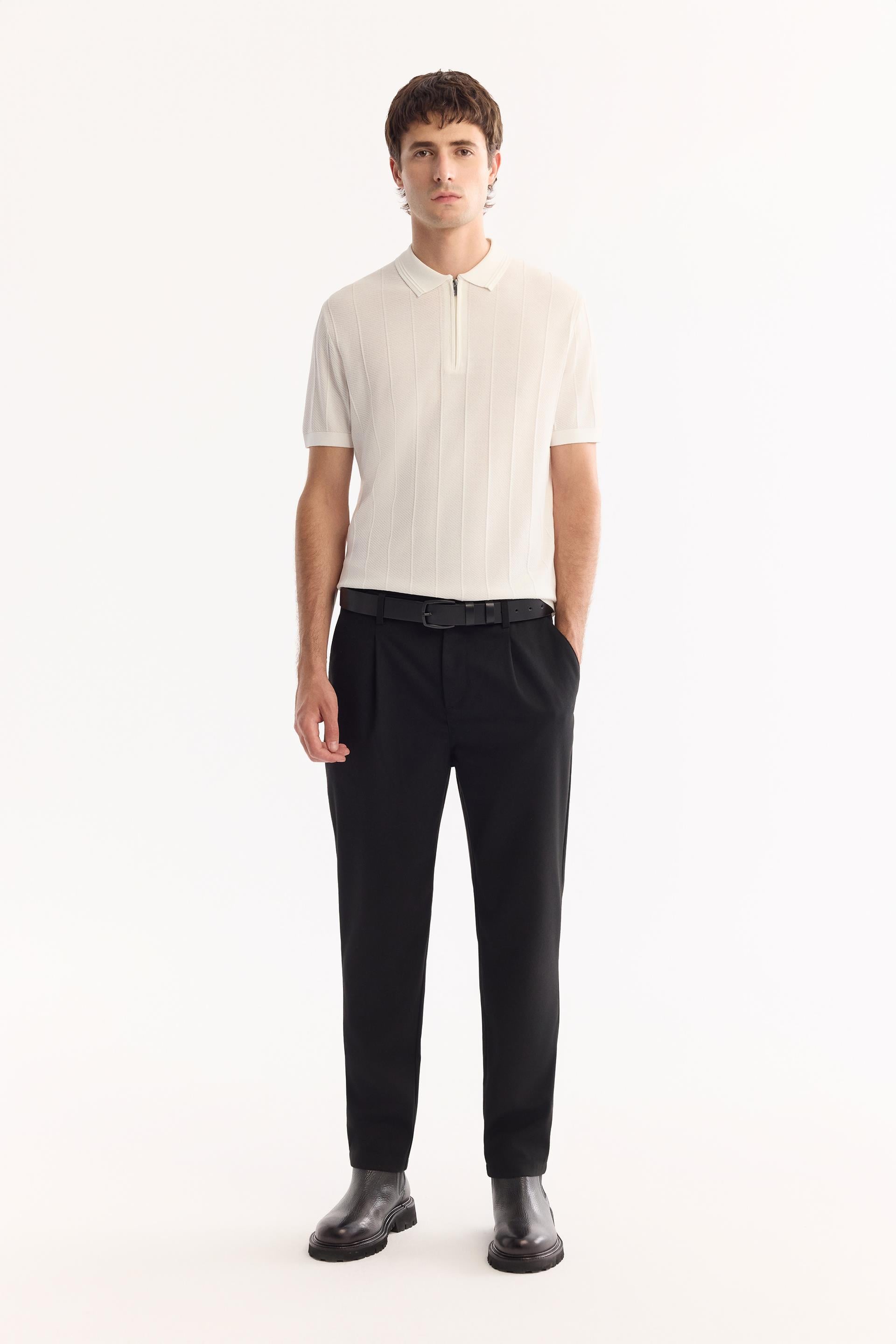 rowoon3様 Ekru Polo Yaka Fermuarlı Rayon Tüylenmeyen Çizgili Triko T-shirt