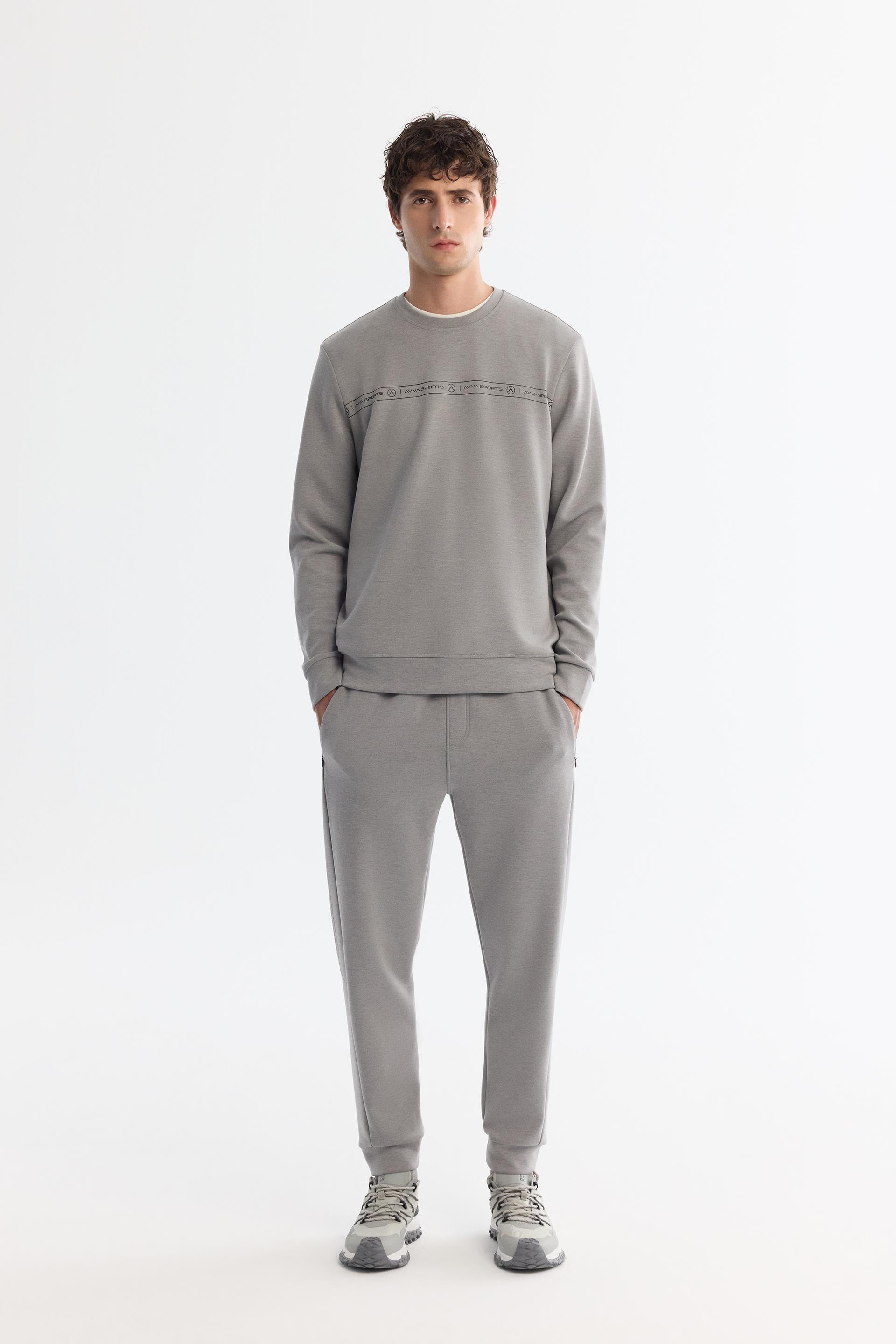 Gri Bisiklet Yaka Baskılı Elastan Sweatshirt | AVVA