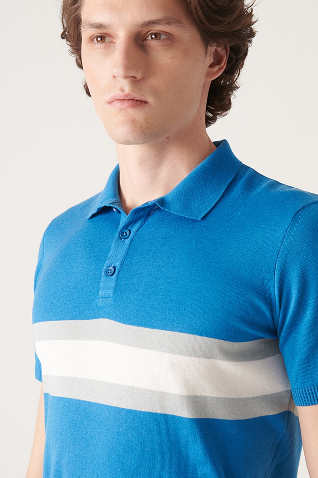 Koyu Mavi Polo Yaka Çizgili Kısa Kol Triko T-Shirt
