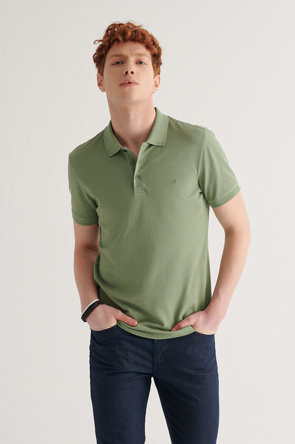 Nil Yeşili Polo Yaka Düz T-Shirt E001004-132 - AVVA