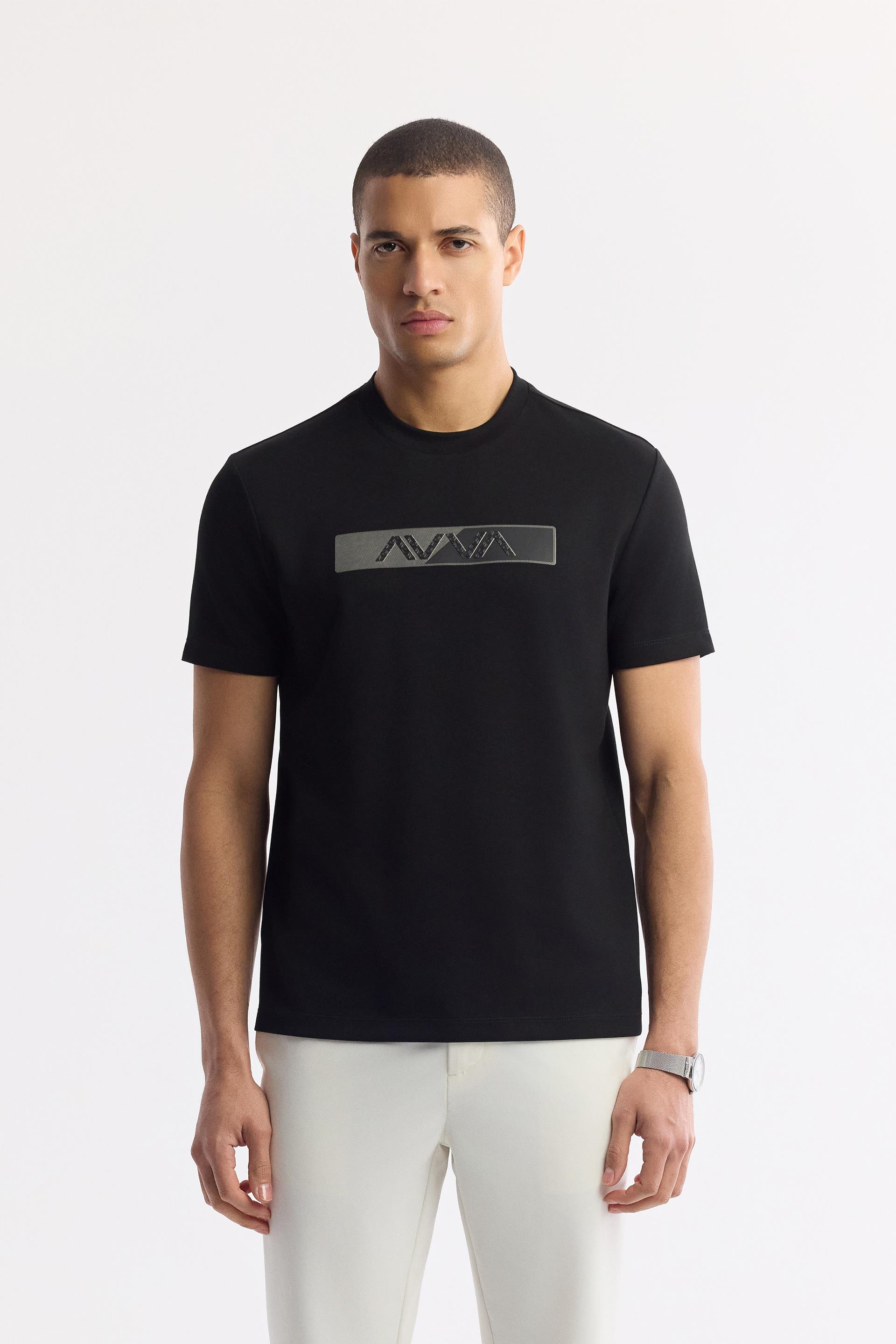 Siyah Bisiklet Yaka Baskılı Bi-Stretch İnterlok T-Shirt | AVVA