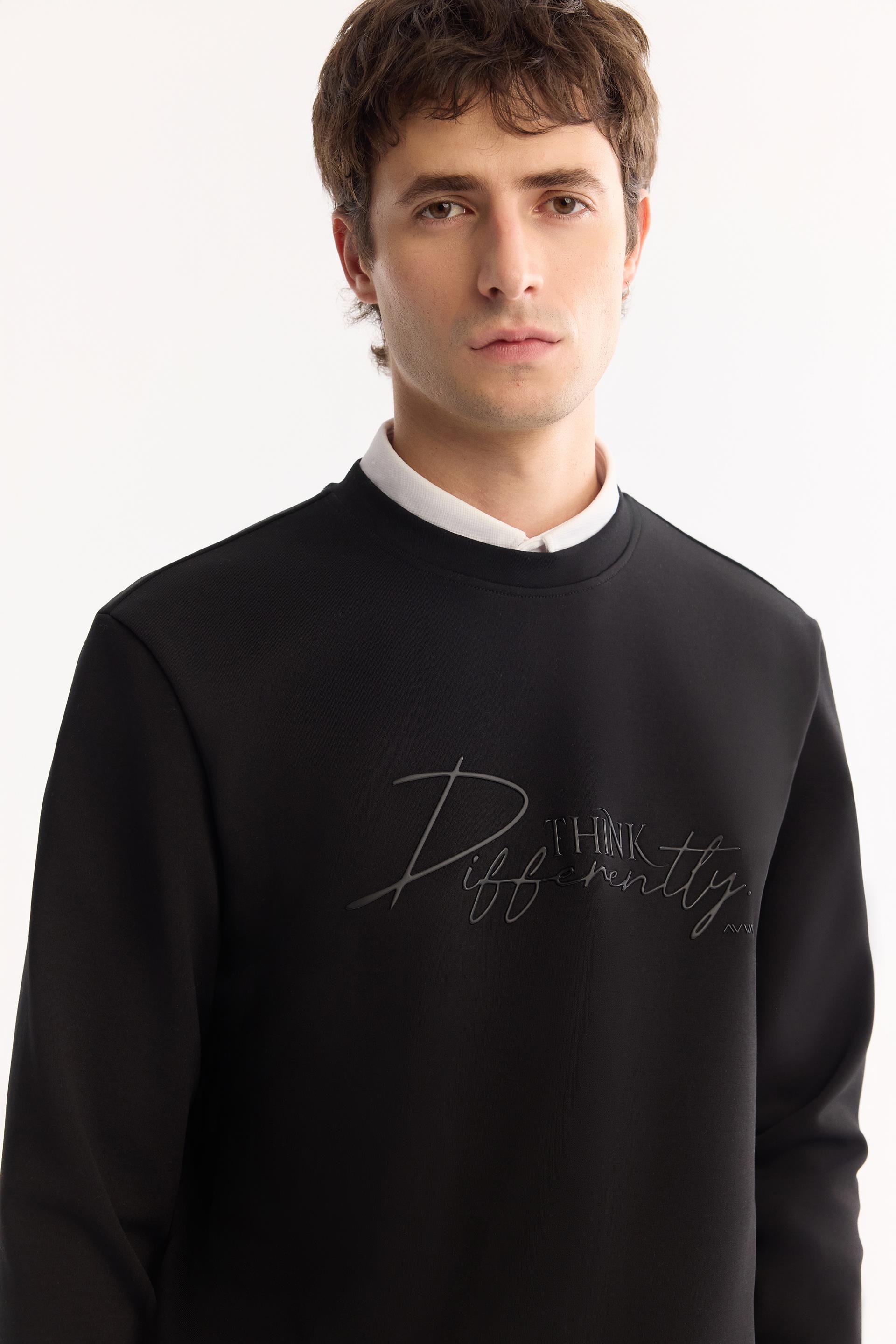 ♥RP♥ Siyah Bisiklet Yaka Enjeksiyon Baskılı İnterlok Sweatshirt