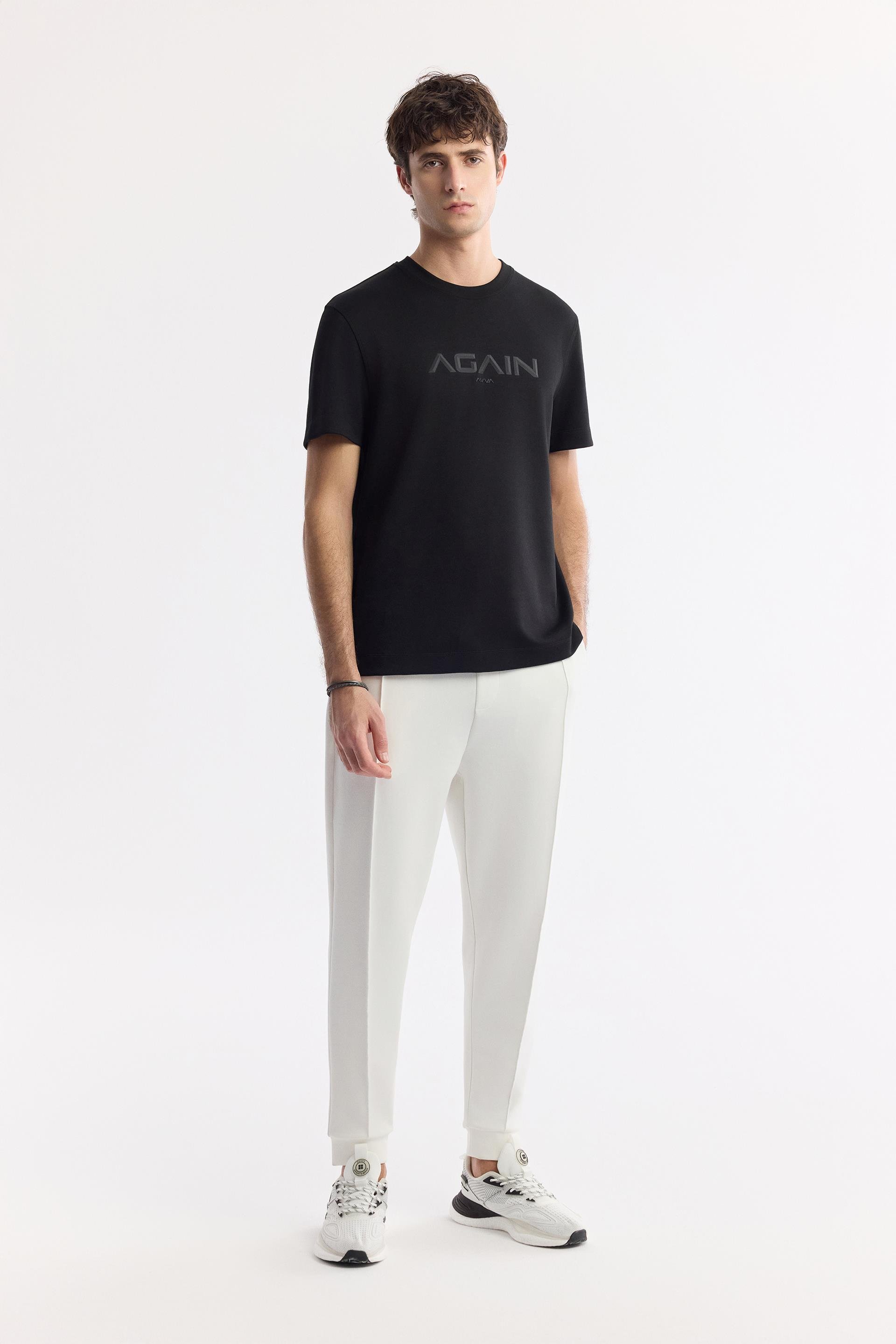 Siyah Bisiklet Yaka Hologram Baskılı İnterlok T-Shirt