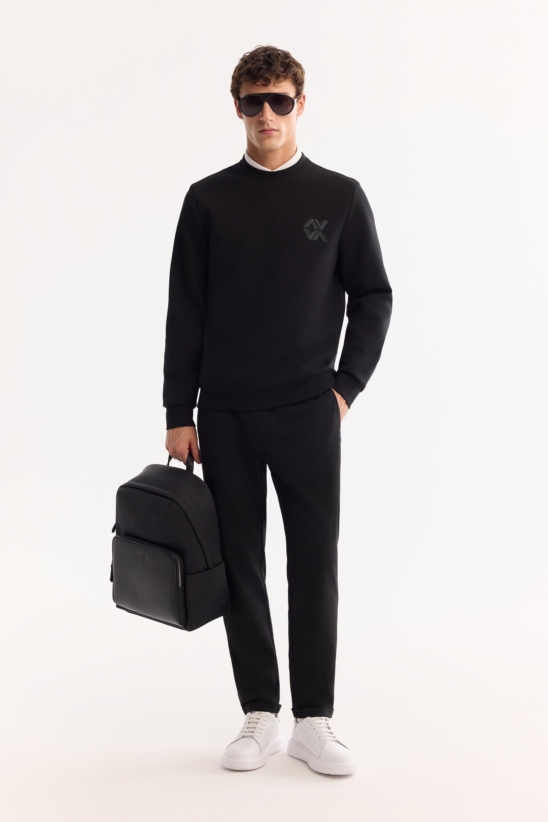 M❤️  Siyah Bisiklet Yaka Piramit Baskılı İnterlok Sweatshirt