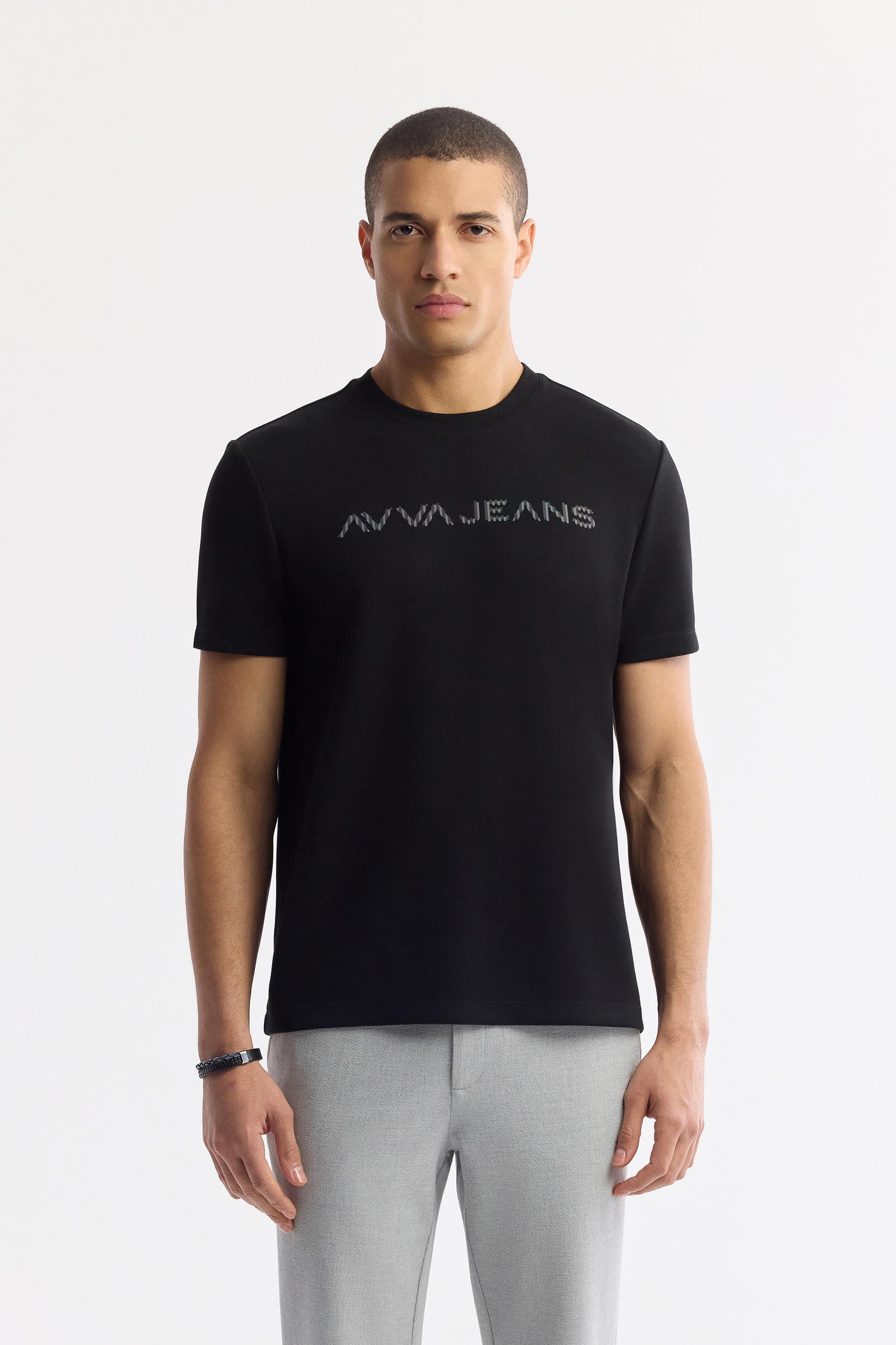 Siyah Bisiklet Yaka Reflektör Baskılı İnterlok T-Shirt | AVVA