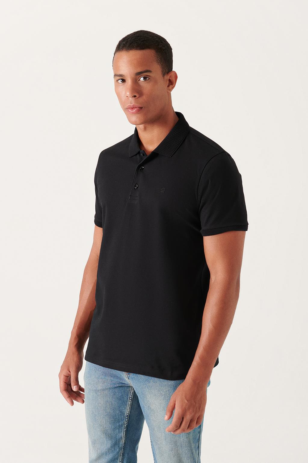 Siyah Polo Yaka %100 Pamuk Jakarlı Slim Fit T-Shirt